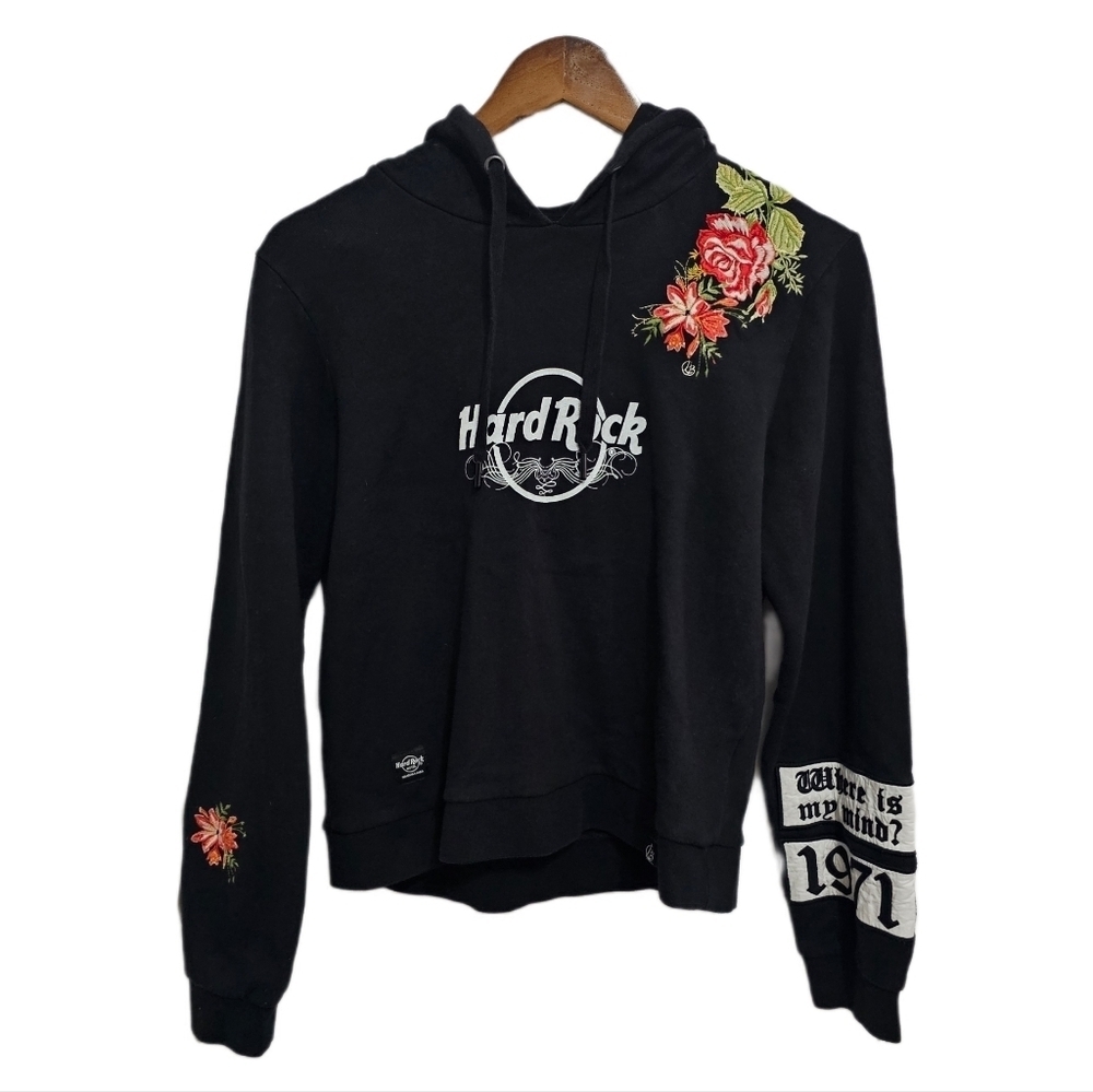 Hardrock black embroidered floral hoodie pullover size small